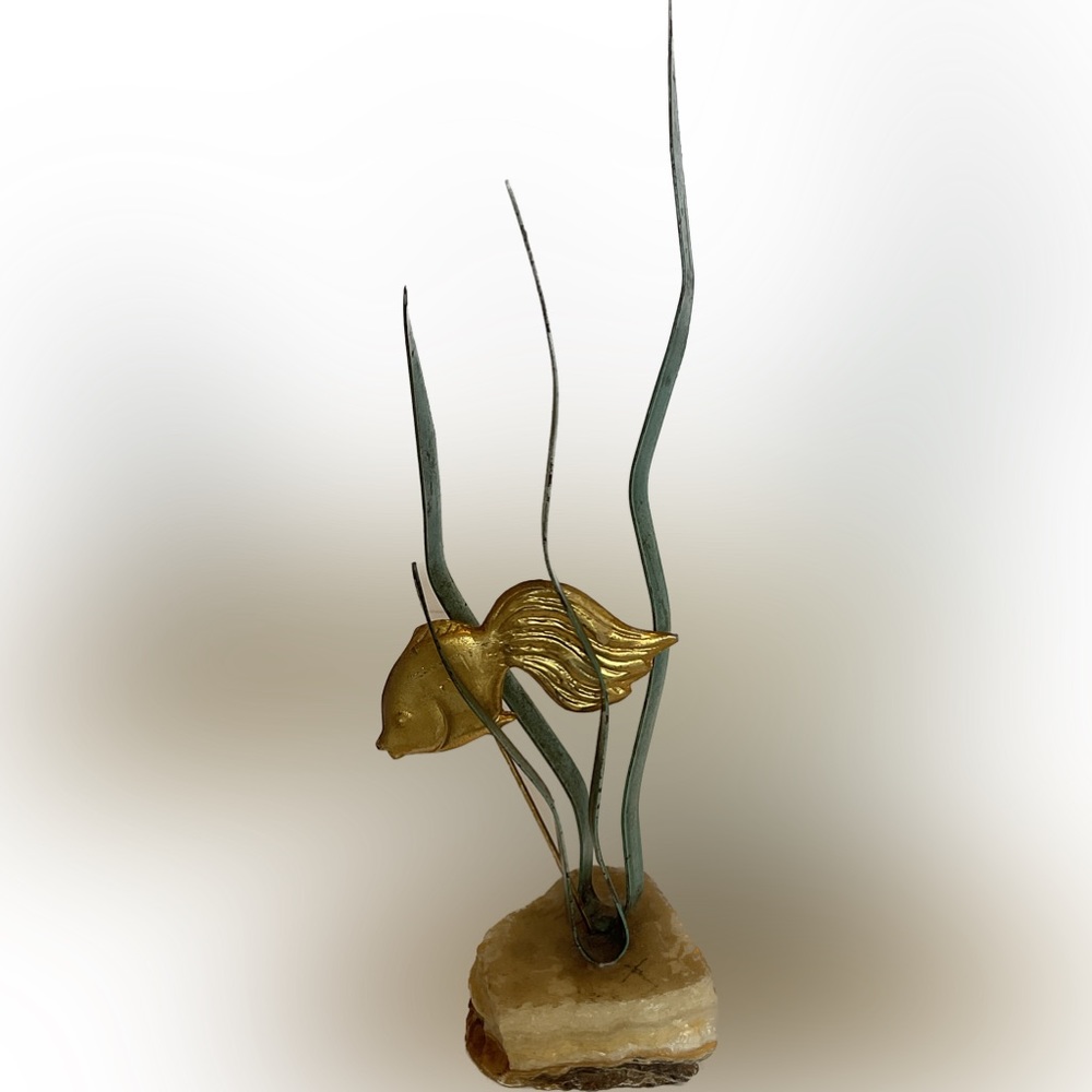 Vintage Mario Jason 11' fish in kelp with layered stone Base-Sculpture/brutalist